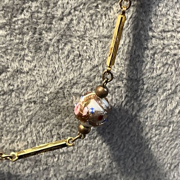 VIT Murano Venetian Wedding Cake Glass Bead Necklace Textured Gold Tone Links - Picture 8 of 12